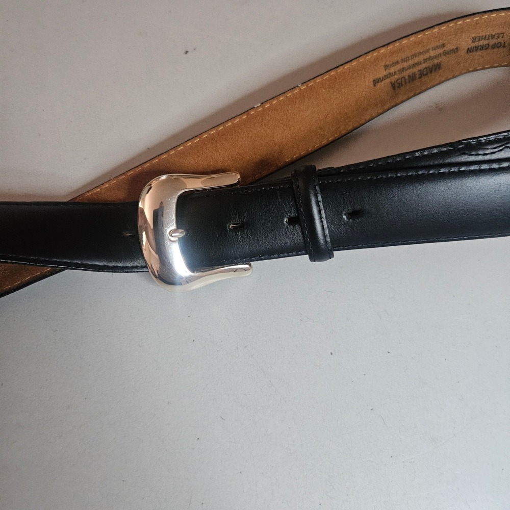 Tony Lama Mens Black Leather Belt Silver Buckle Made in USA Size 34 Vintage 1996